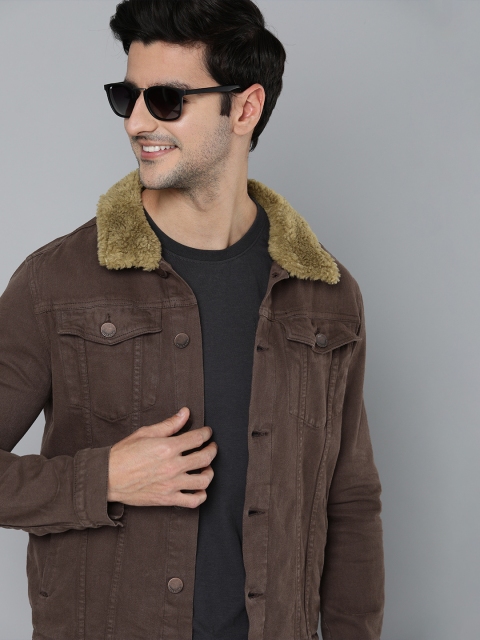 

HERE&NOW Men Brown Washed Denim Jacket with Sherpa Collar