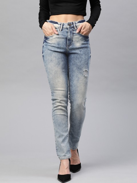 

HERE&NOW Women Blue Skinny Fit High-Rise Low Distress Light Fade Stretchable Jeans