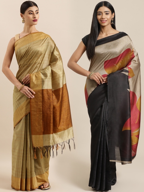 

KALINI Pack of 2 Beige & Black Checked Tussar Art Silk Saree