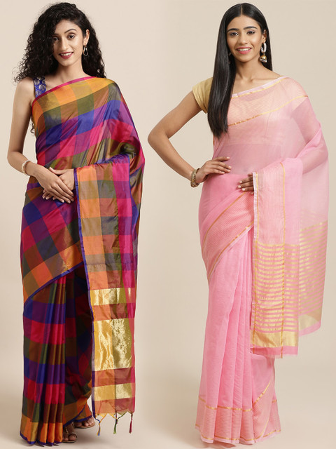 

KALINI Pack Of 2 Checked Sarees, Pink
