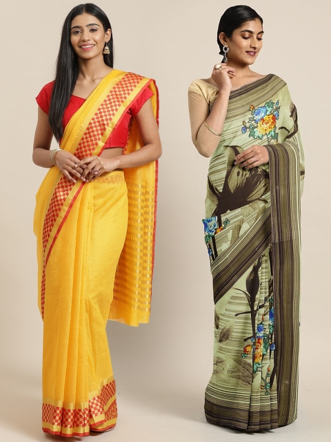 

KALINI Pack of 2 Yellow & Green Cotton Silk Sarees