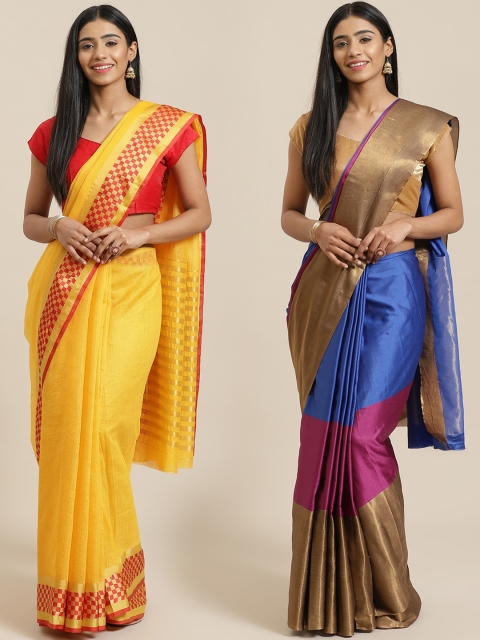 

KALINI Pack Of 2 Solid Sarees, Yellow