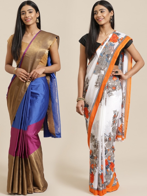 

KALINI White & Blue Art Silk Set of 2 Saree