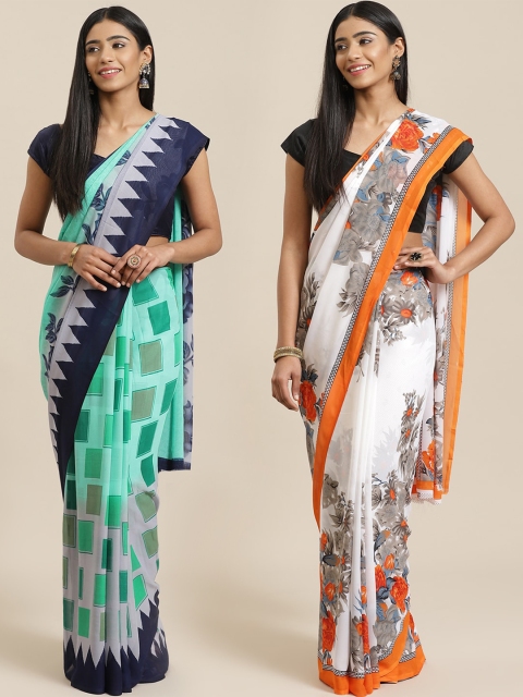 

KALINI Pack of 2 Sea Green & Navy Blue Poly Georgette Sarees