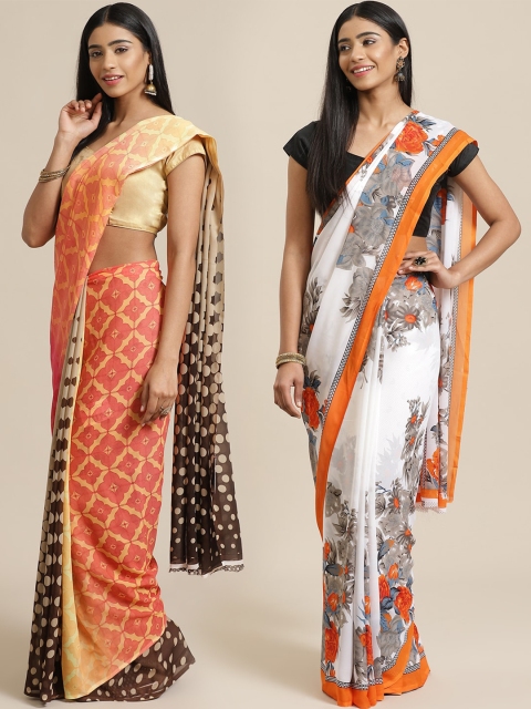 

KALINI Pack of 2 Peach-Coloured & White Printed Poly Georgette Saree