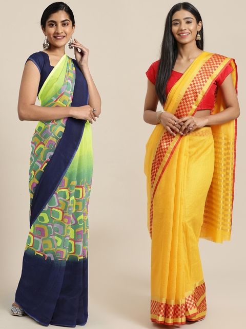 

KALINI Pack of 2 Flourescent Green & Navy Blue Pure Georgette Sarees, Fluorescent green