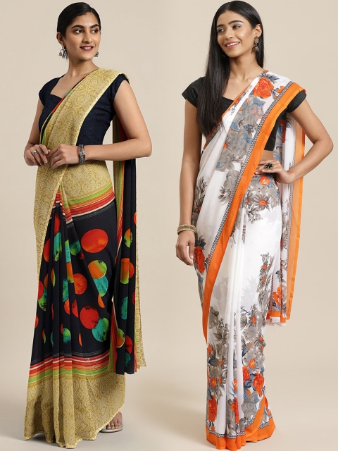 

KALINI Pack of 2 Black & White Printed Pure Georgette Saree