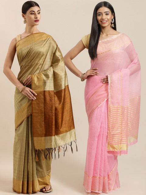

KALINI Beige & Pink Art Silk Set of 2 Tussar Saree
