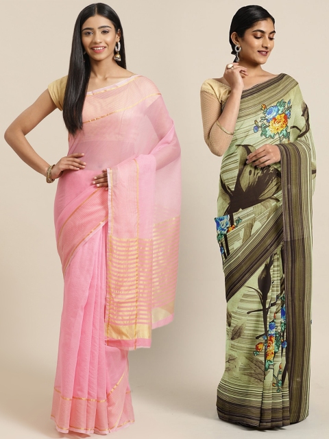 

KALINI Pack of 2 Pink & Green Printed Silk Cotton Saree