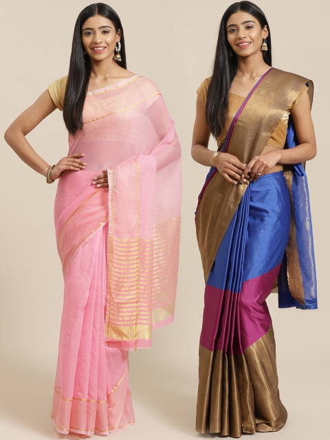 

KALINI Pack of 2 Pink & Blue Cotton Silk Sarees