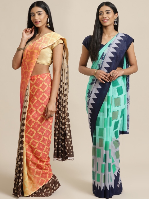 

KALINI Peach-Coloured & Sea Green Poly Georgette Set of 2 Saree