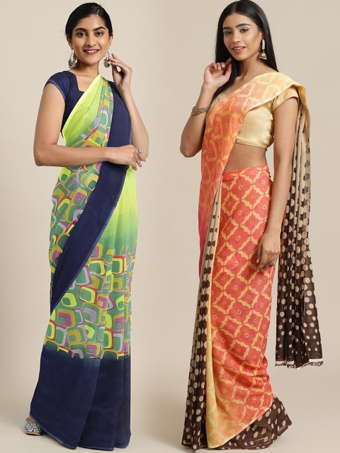 

KALINI Pack of 2 Fluorescent Green & Peach Printed Pure Georgette Saree
