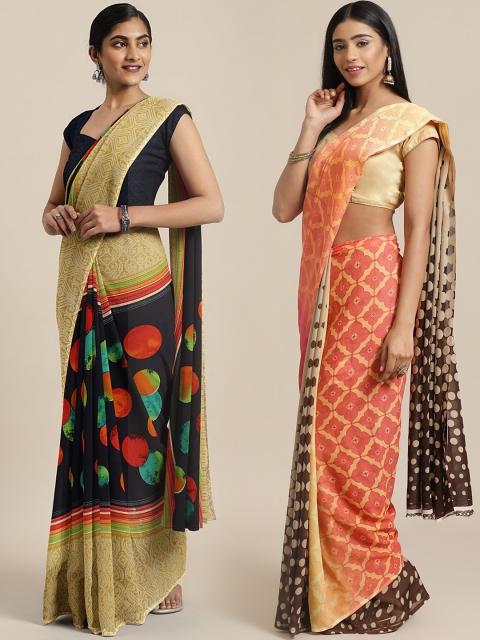 

KALINI Pack of 2 Black & Blue Pure Georgette Sarees