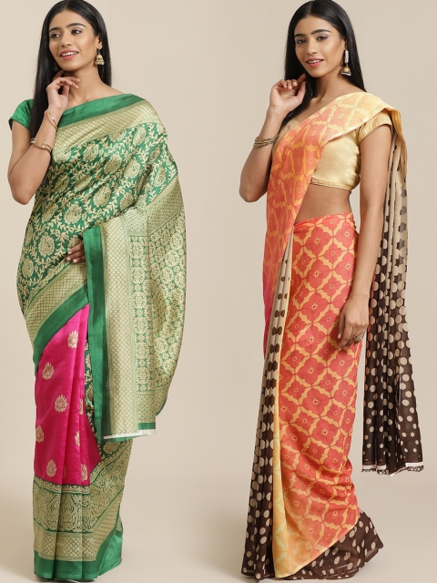 

KALINI Green & Peach-Coloured Art Silk Set of 2 Mysore Silk Saree