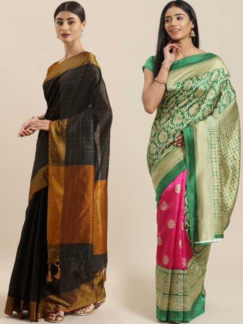 

KALINI Pack of 2 Green & Black Printed Art Silk Tussar Saree