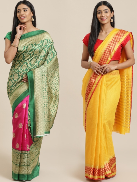 

KALINI Pack of 2 Green & Pink Mysore Silk Sarees