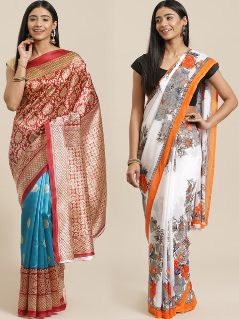 

KALINI Red & White Art Silk Set of 2 Mysore Silk Saree
