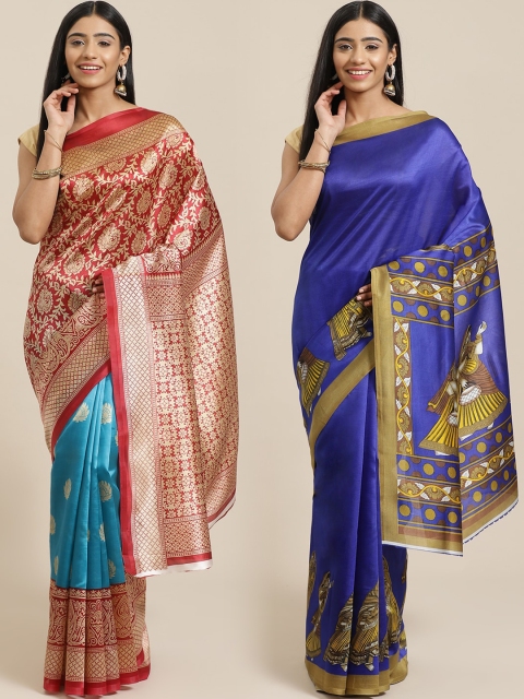 

KALINI Pack of 2 Red & Blue Printed Mysore Silk Saree