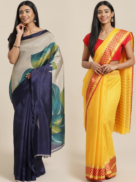 

KALINI Navy Blue & Yellow Art Silk Set of 2 Mysore Silk Saree