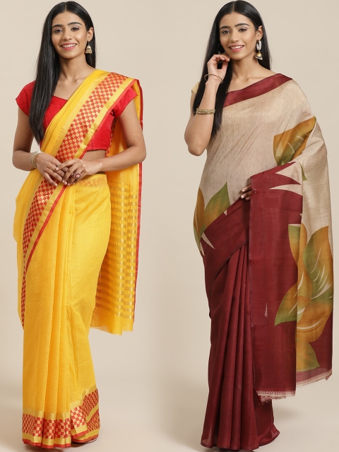 

KALINI Pack of 2 Yellow & Maroon Art Silk Sarees