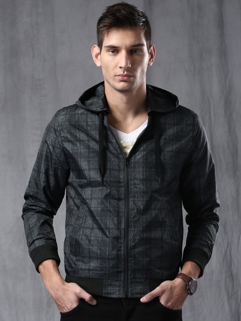 

WROGN Charcoal Grey & Black Checked Hooded Lightweight Slim Fit Jacket