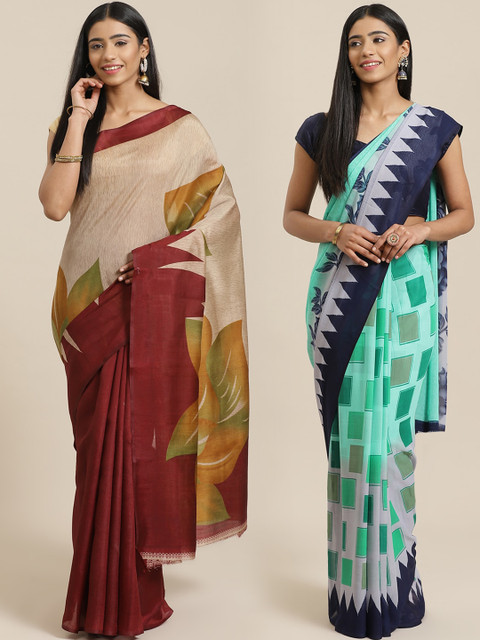 

KALINI Pack of 2 Beige & Sea Green Printed Mysore Silk Saree