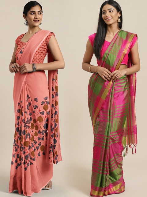 

KALINI Peach-Coloured & Green Pure Georgette Set of 2 Saree