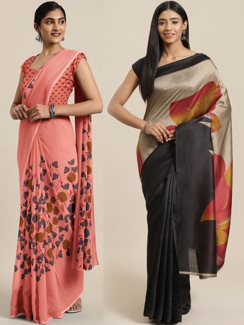 

KALINI Pack of 2 Peach & Beige Floral Printed Pure Georgette Saree
