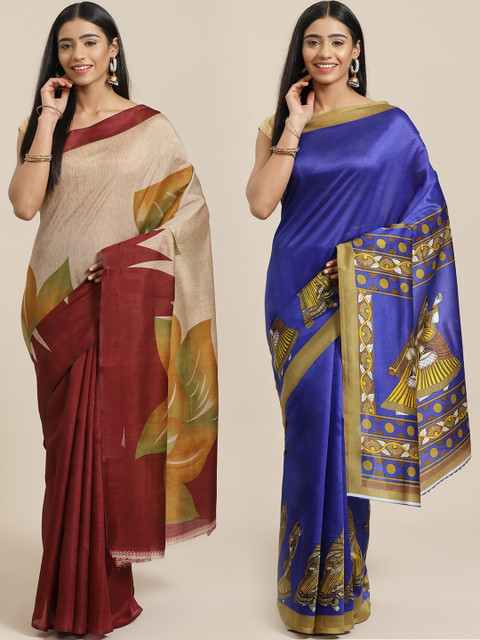 

KALINI Pack Of 2 Art Silk Printed Sarees, Beige