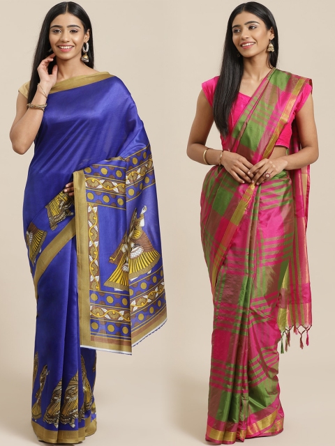 

KALINI Blue & Olive Green Art Silk Set of 2 Mysore Silk Saree