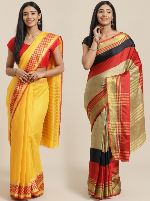 

KALINI Pack of 2 Yellow & Red Cotton Silk Sarees