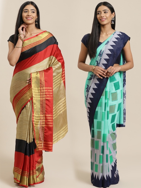 

KALINI Pack of 2 Beige & Sea Green Solid Art Silk Saree