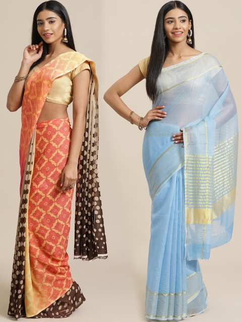 

KALINI Pack Of 2 Art Silk Printed Sarees, Peach