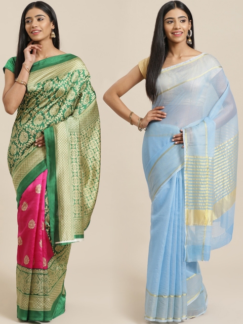 

KALINI Green & Blue Art Silk Set of 2 Mysore Silk Saree