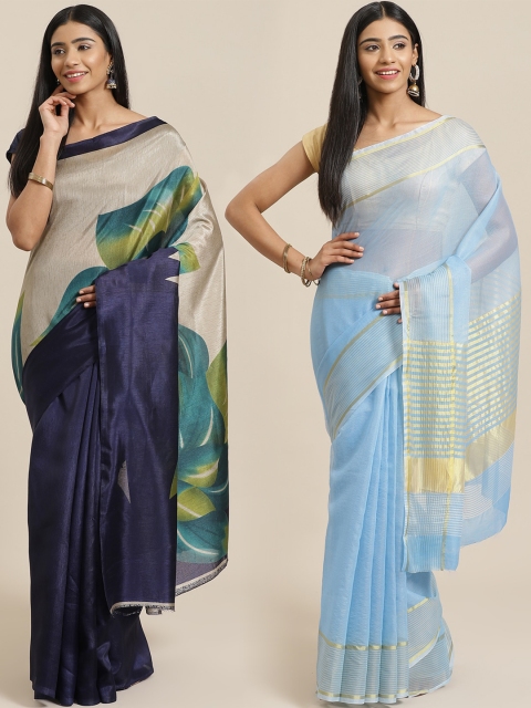 

KALINI Pack of 2 Navy Blue & Grey Mysore Silk Sarees