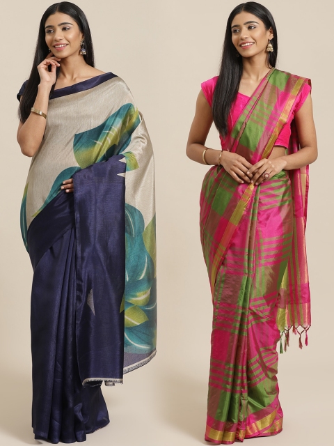 

KALINI Pack of 2 Navy Blue & Magenta Solid Mysore Silk Saree
