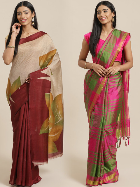 

KALINI Pack Of 2 Art Silk Printed Sarees, Beige