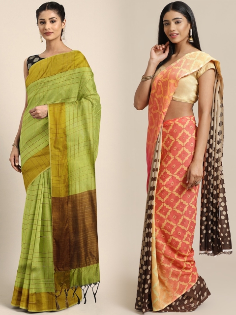 

KALINI Lime Green & Brown Art Silk Set of 2 Saree