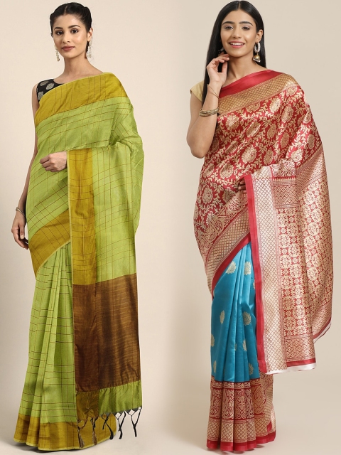 

KALINI Pack of 2 Lime Green & Brown Art Silk Sarees