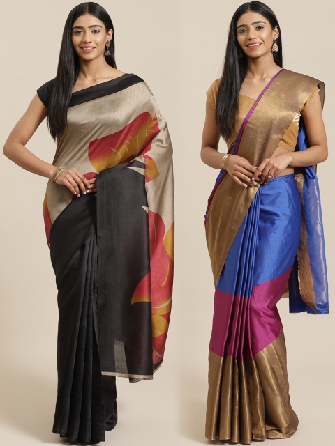 

KALINI Pack of 2 Black & Blue Solid Mysore Silk Saree