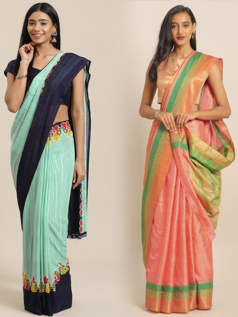 

KALINI Pack of 2 Peach & Sea Green Art Silk Saree
