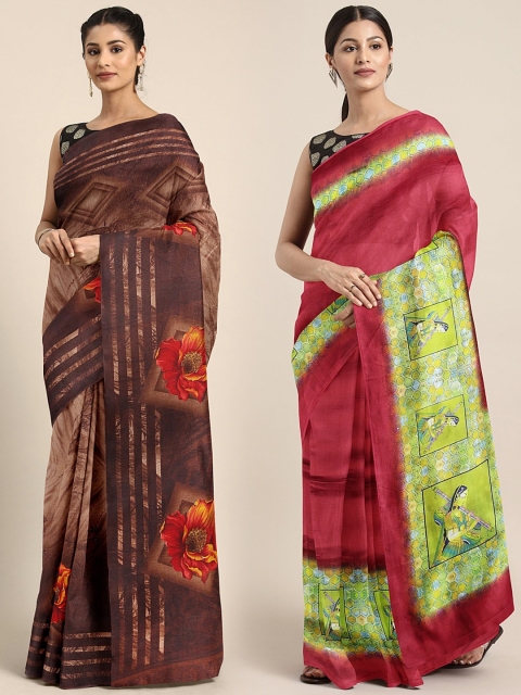 

KALINI Pack Of 2 Silk Blend Printed Sarees, Brown