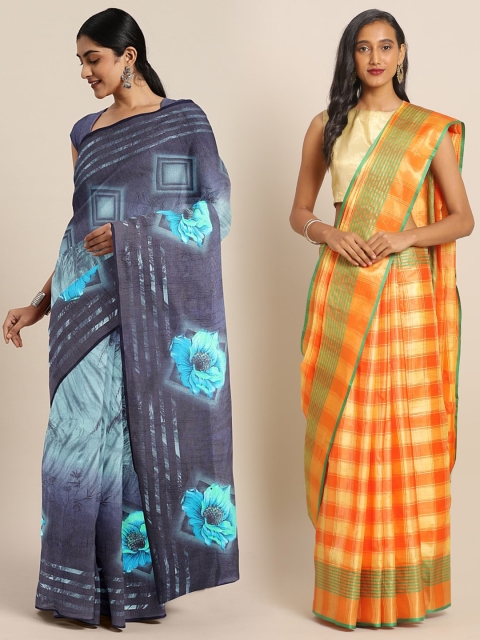 

KALINI Blue & Beige Silk Blend Set of 2 Khadi Saree