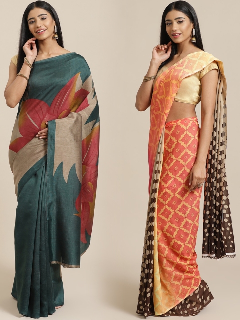

KALINI Pack of 2 Teal Blue & Grey Mysore Silk Sarees