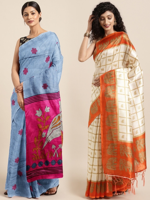 

KALINI Pack of 2 Blue & Off White Printed Khadi Silk Blend Saree
