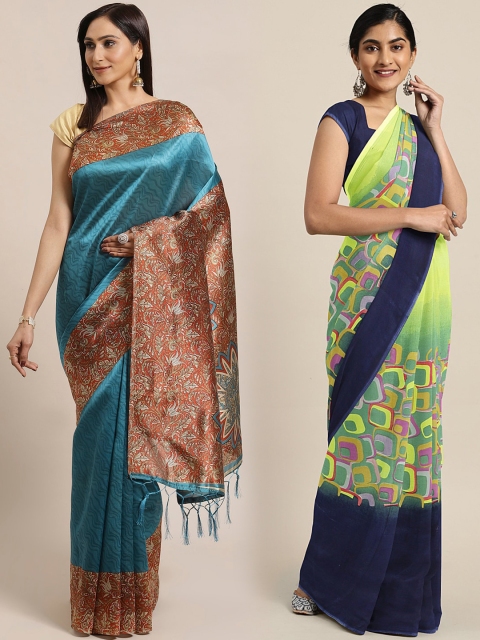 

KALINI Pack Of 2 Printed Sarees, Teal