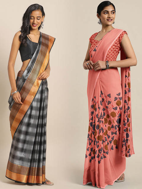 

KALINI Pack of 2 Grey & Coral Mysore Silk Sarees