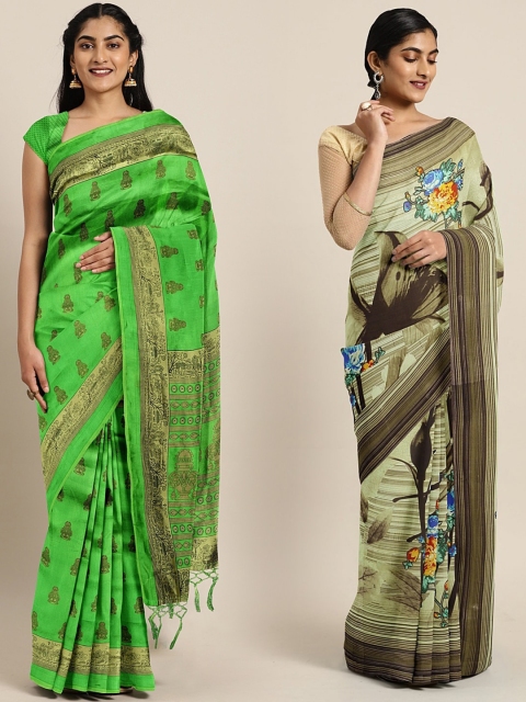 

KALINI Pack of 2 Green Printed Khadi Silk Blend Saree