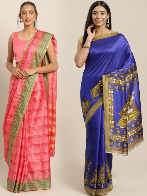 

KALINI Pack of 2 Pink & Blue Mysore Silk Sarees