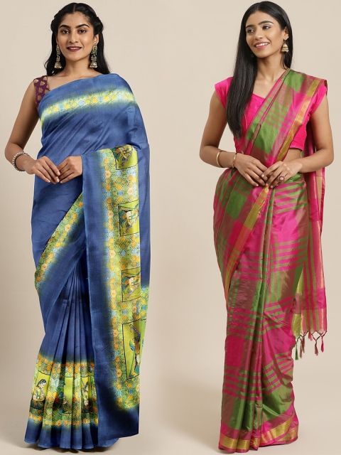 

KALINI Navy Blue & Green Silk Blend Set of 2 Khadi Saree